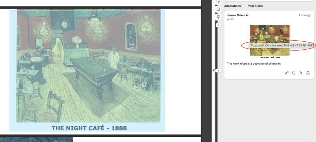 It shows the annotation card in the Hypothesis sidebar displaying the thumbnail of the selected area with a tool tip showing the alt text for the image.